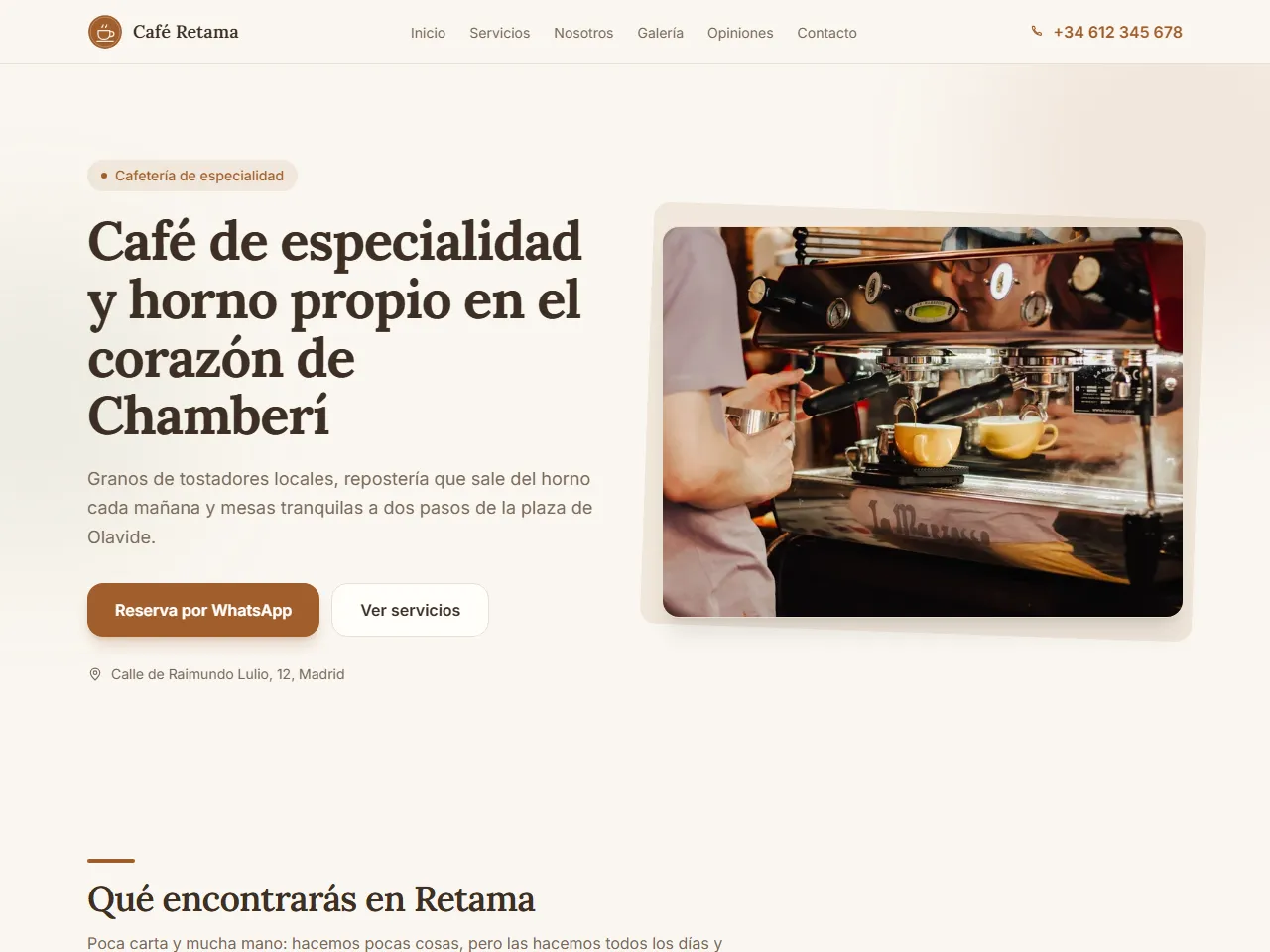 Página web de ejemplo: Café Retama, cafetería de demostración